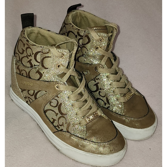 Guess Women's WGTONIGHT3 High Top Sneakers Beige Brown and Gold Glitter - Picture 5 of 9